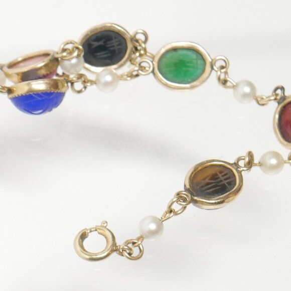 Scarab Bracelet 1/20 12KGF 12 kt Gold Filled Carved Semi Precious Stones Vintage - Picture 5 of 8
